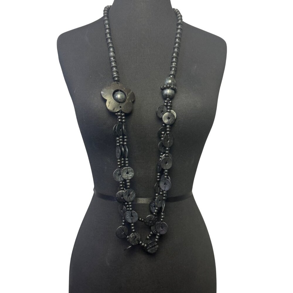 Beaded Black Floral Pendant Necklace 42 Inches With Matching Drop Earrings